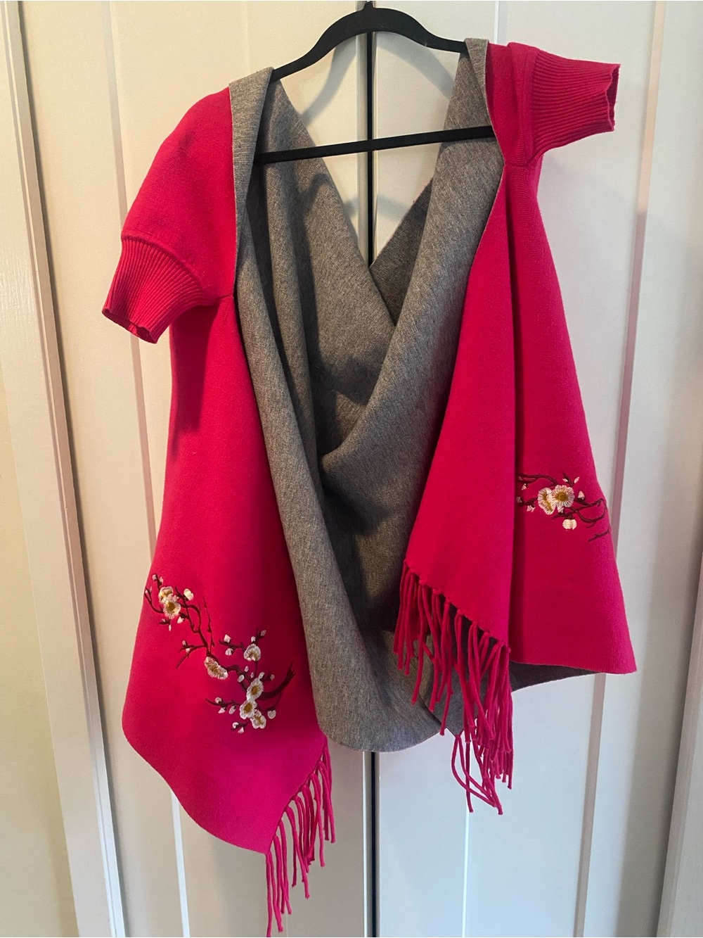 Embroidered Reversible Pink & Gray Fringe Wrap